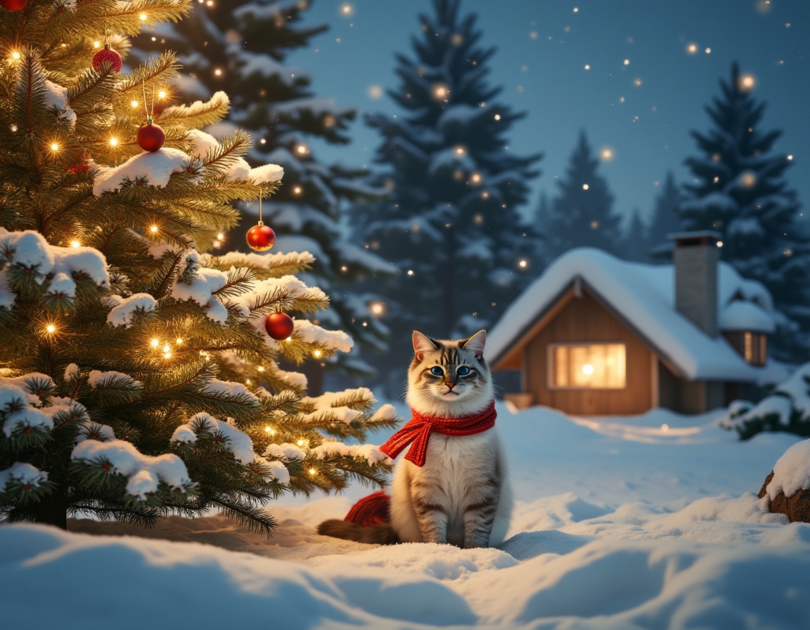 Cat sits beside a glowing Christmas tree, wearing a festive scarf and Santa hat. Snow falls gently, with a cozy cabin and snow-covered trees in the background.